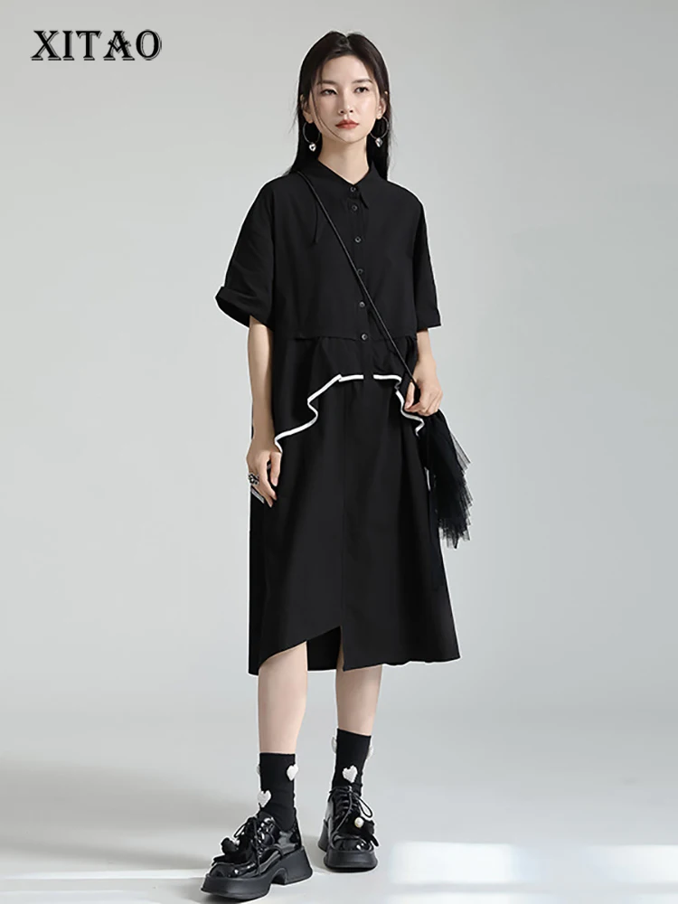 

XITAO Edible Tree Fungus Shirt Dress Patchwork Pullover Turn-down Collar Loose 2023 Summer New Arrival Casual All Match DMJ1007