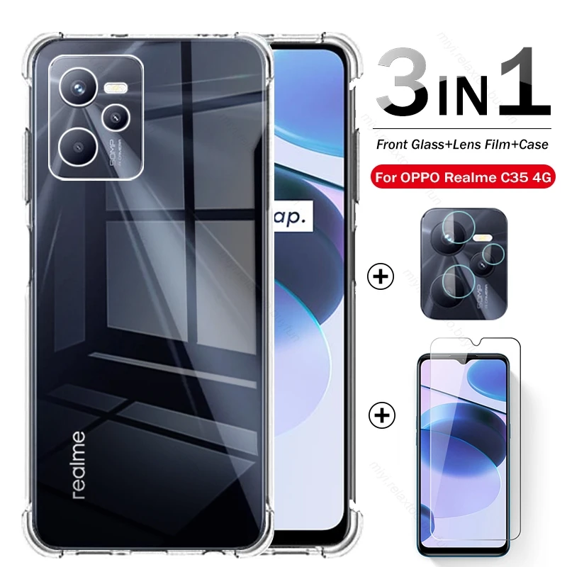 

1To3 Clear Airbag Silcone Soft Cover For Realme C35 Case Camera Screen Protector Tempered Glass Realmi C35 C 35 RealmeC35 Funda