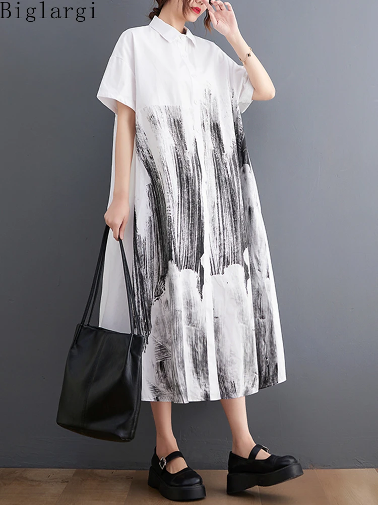 

Oversized Print Shirt Dress Summer Woman Loose Casual Big Size Women Korea Ladies Shirt Dresses Long Chic Shirts Dress New 2022