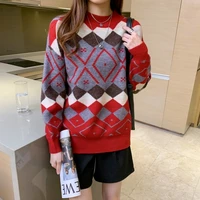 red argyle knitted sweater women o neck loose casual pullovers autumn winter fashion warm long sleeve leisure knitted jumpers