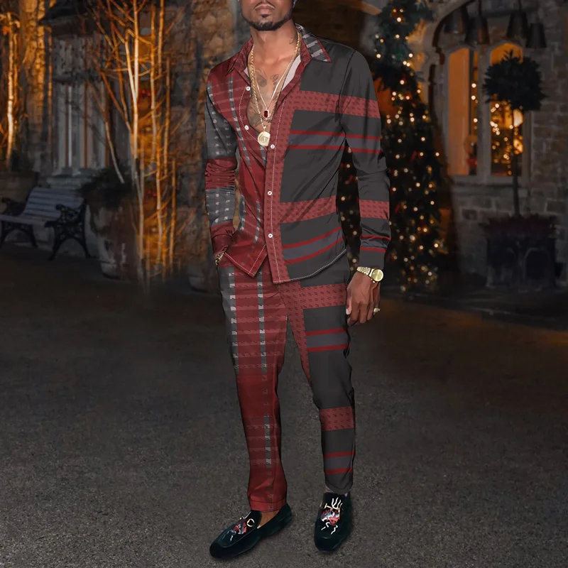 Color Matching Gentleman Shirt Trousers Checkered New  Fashion Spring Men Suit Jacket Cardigan Pants Set Oversized Man's Outfit