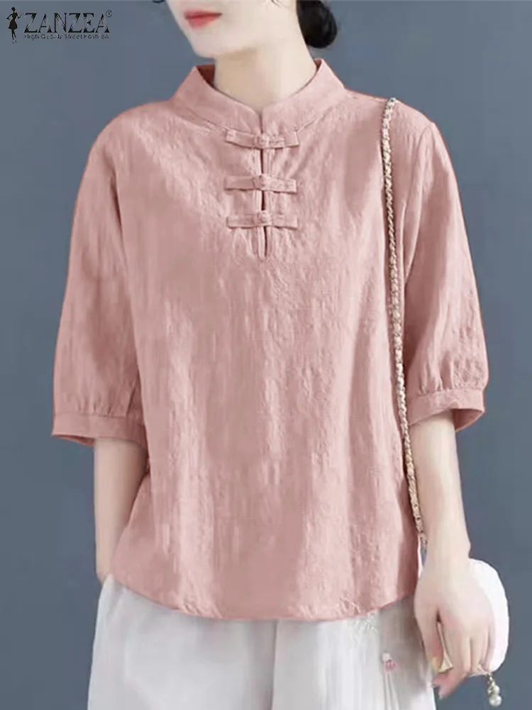 

Women Cotton Shirts ZANZEA Fashion Chinese Knot Button Blouse Vintage Texture Fabric Tops 2023 Summer O-neck Short Sleeve Blusa
