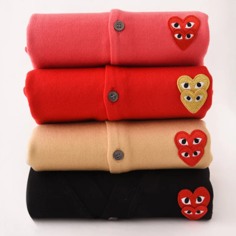 

Tide brand men and women couples knitted upper and lower wool cardigan parent-child jacket love embroidery small red heart