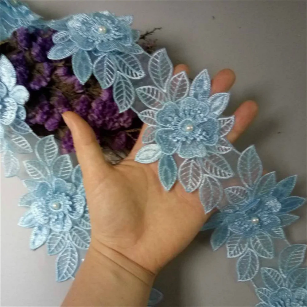 

10X Sky Blue Pearl Beaded Flower Leaf Embroidered Lace Trim Ribbon Applique Handmade DIY Clothes Wedding Dress Sewing Craft 90mm