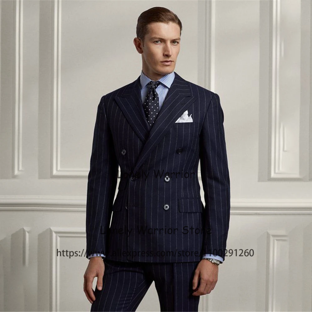 Classic Navy Blue Striped Mens Suit Double Breasted Daily Business Blazer Slim Fit Banquet Tuxedo 2 Piece Set Terno Masculino