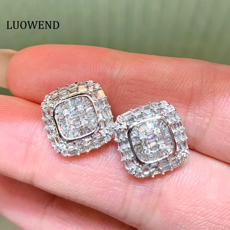 

LUOWEND Real 18K White Gold Earrings Halo Diamond Earring Luxury Party Jewelry Classic Square Halo Stud Earrings for Women