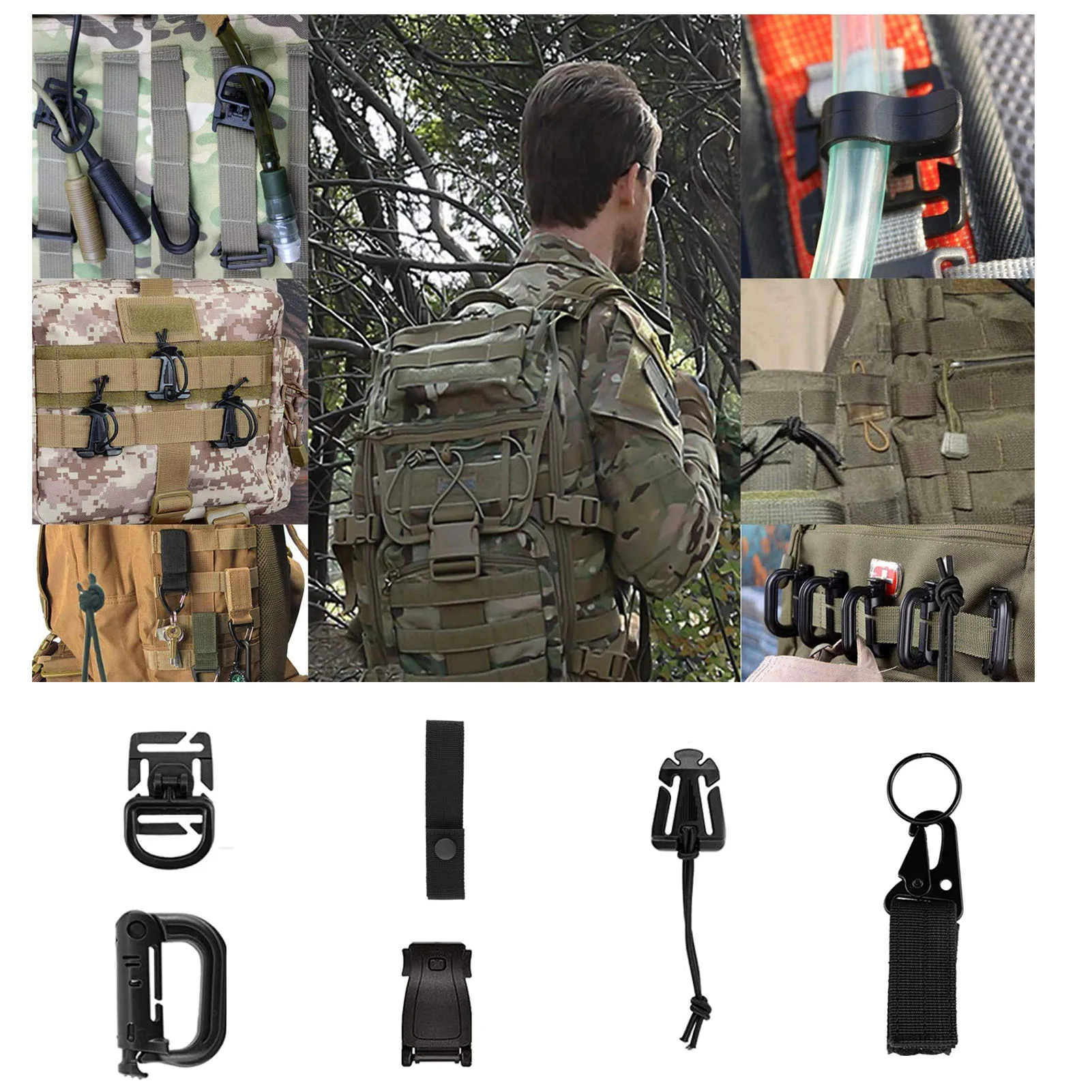 

Kit Of 35 Molle Attachments Set Molle Accessories For Backpack Vest Belt With Molle Pouches D-Ring Grimloc Locking Gear Clip Web