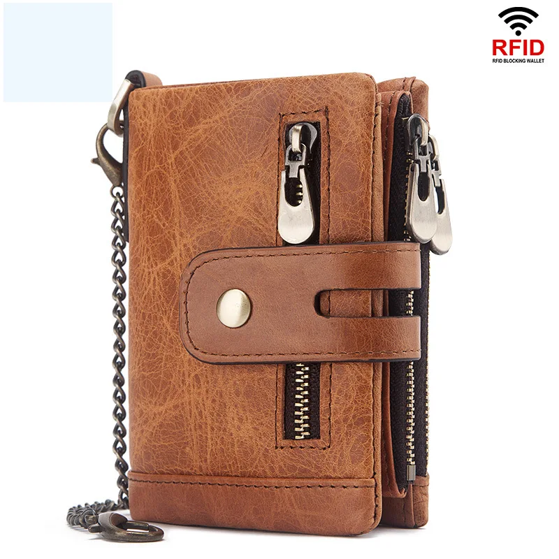 

Mens Wallet with Chain Genuine Leather Purse Card Holder RFID Blocking Bifold Double Zipper Coin Pocket with Anti-Theft Chain