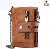 mens wallet with chain genuine leather purse card holder rfid blocking bifold double zipper coin pocket with anti theft chain