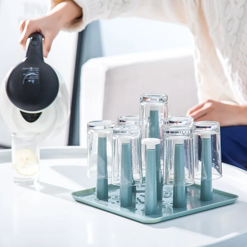 

2022 New Plastic Draining Glass Cup Holder Tray Cup Drying Rack with Drain Tray Home Kitchen Accessories
