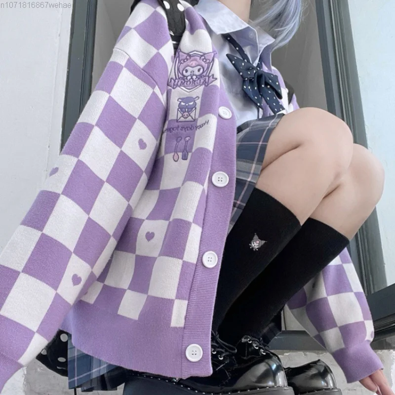 Sanrio Cinnamoroll Melody Kuromi Purin вязаный кардиган с вышивкой свитер женский жаккардовый