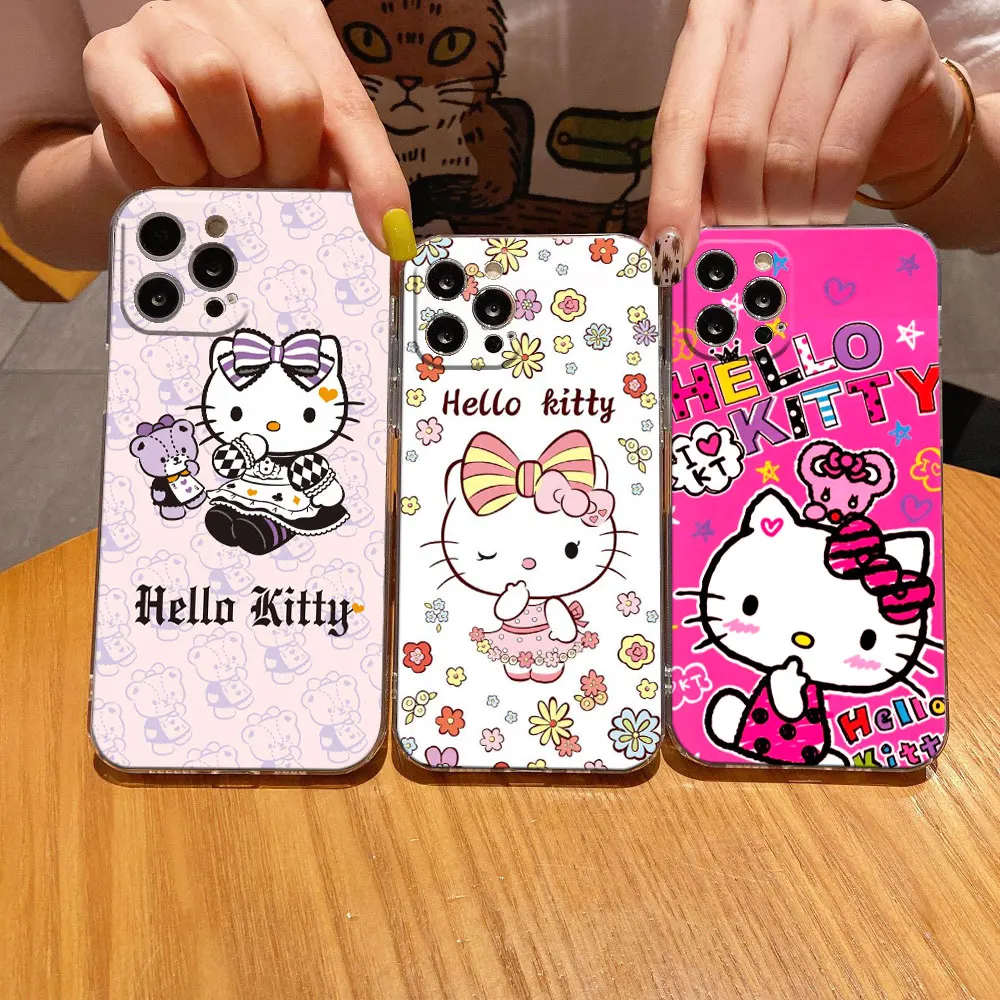 

Hello Kitty Cartoon Clear Phone Case For iPhone 15 14 11 12 13 Pro Max Mini X XS XR 6 8 7 Plus Back Cover Soft Transparent Funda