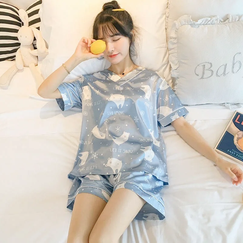 

Pajamas Women Summer Thin Section V-neck Imitation Silk Ice Silk Short-sleeved Sleepwear Ladies Home Service 2-piece Pajamas