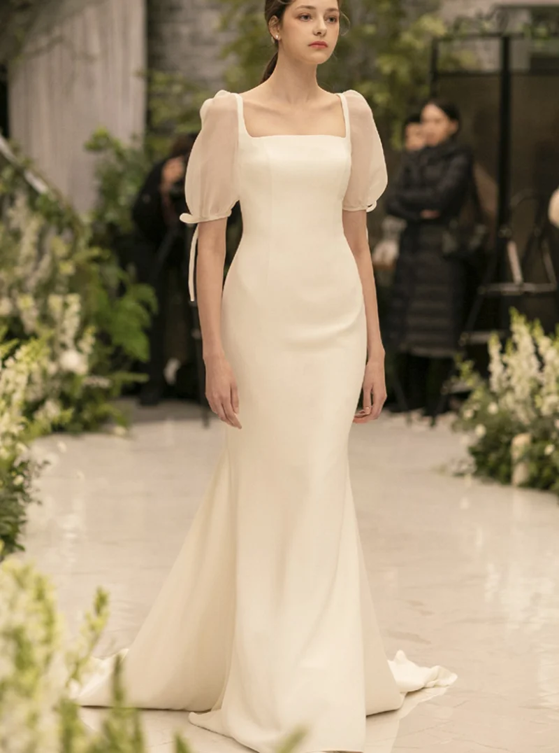 

Elegant Fairy Square Collar Short Sleeves Mermaid Wedding Dress For Women 2022 Button Spandex Plain Bridal Gown Custom Made
