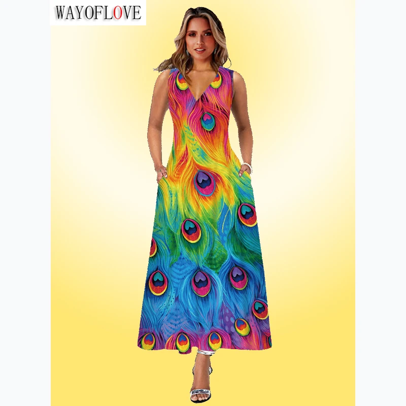 

WAYOFLOVE Boho Summer Long Dress Women Casual Vintage Sleeveless V Neck Feather Print Vestidos Party Loose Holiday Beach Dresses