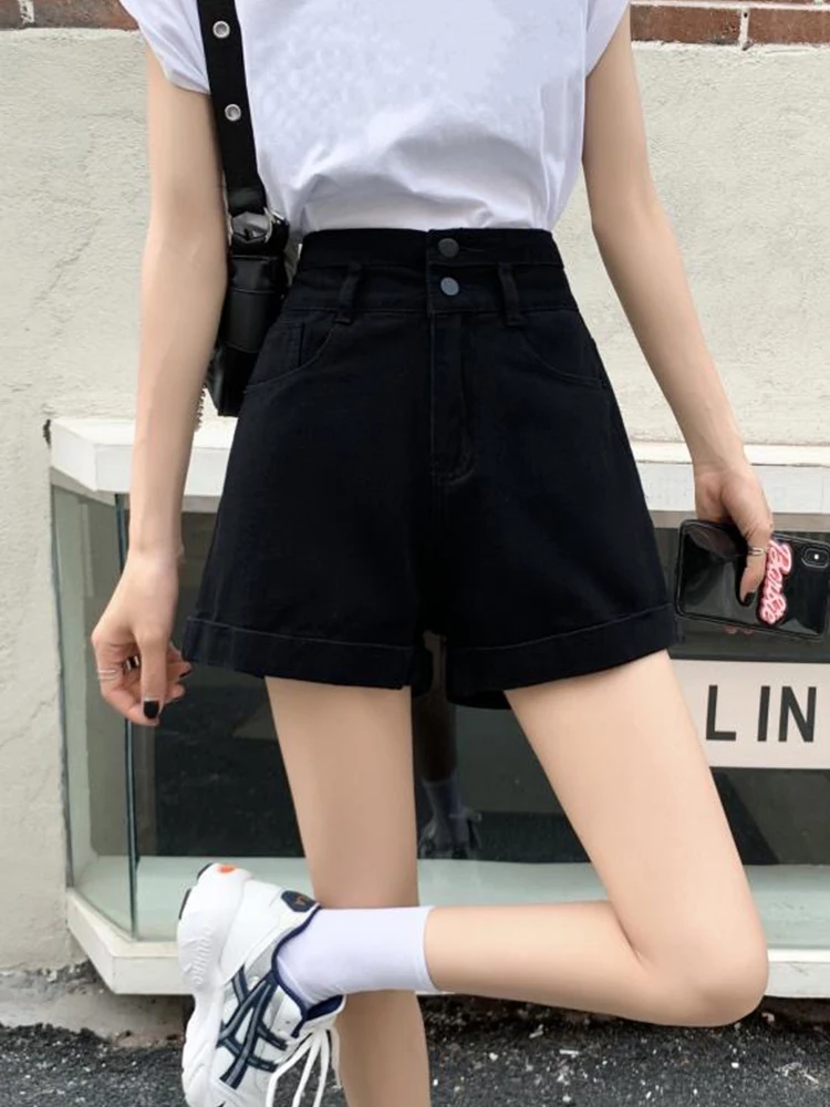 New Spring Summer Women High Waist Loose Black Denim Shorts Streetwear Female Single Breasted Jeans Shorts Bottoms