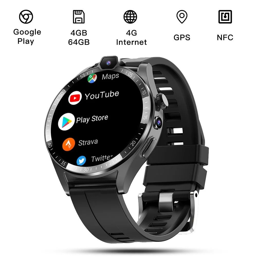 

T1 4G LTE Smart Watch Men 4GB+64GB Android 9.1 NFC GPS 1.43" HD Screen Dual Camera Google Play SIM Card Waterproof Smartwatch