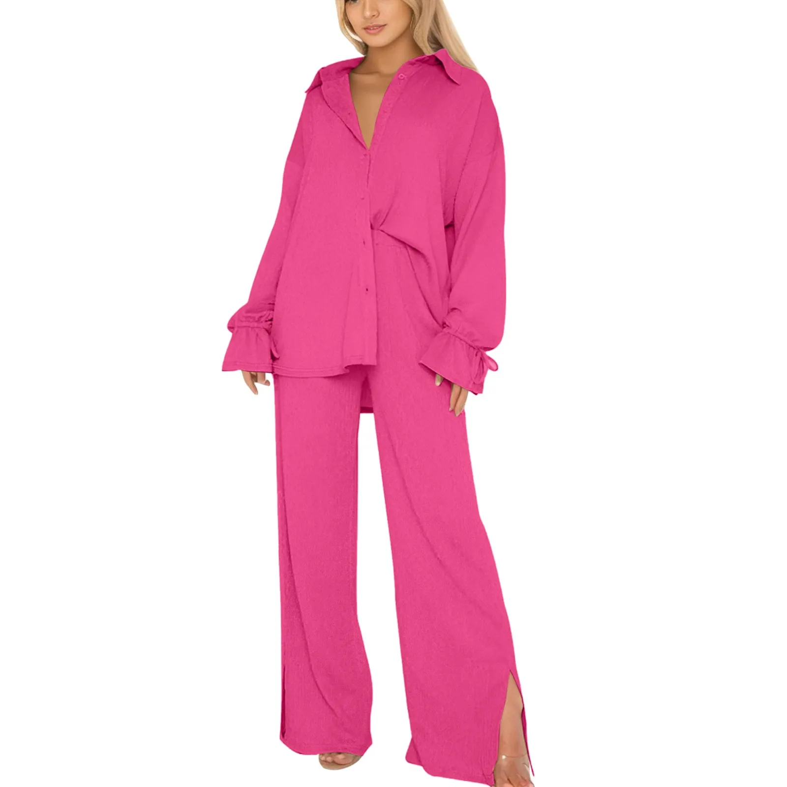 

Женский плиссированный комплект из 2 предметов, блузка с длинным рукавом и широкие брюки с разрезом, женский модный Повседневный свободный домашний костюм, 2023