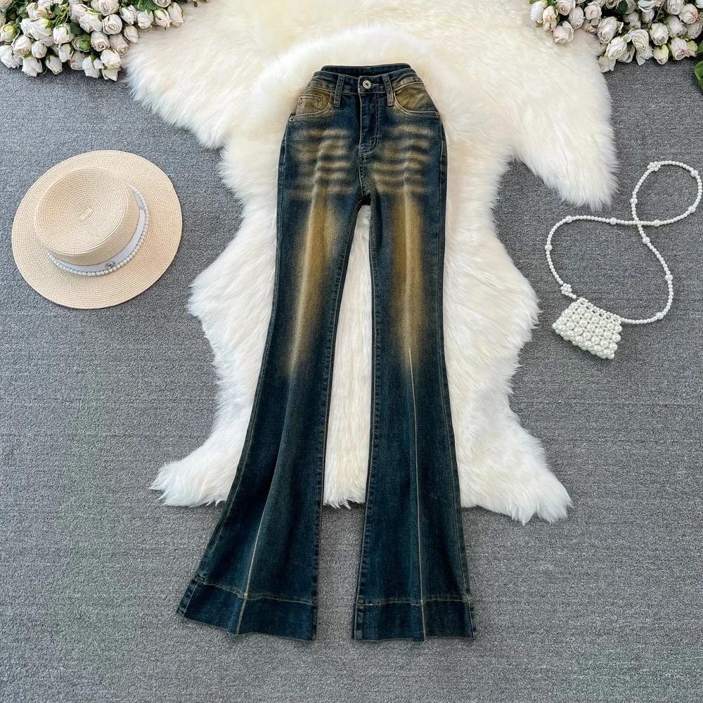 

Colorblock Contrast Gradient Women Jeans with Flare Pant Long Slight Bootcut Bell Bottom Denim Pants y2k vintage tight stretch
