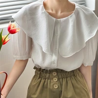 lotus leaf collar shirt womens 2022 summer new design small doll collar single breasted cardigan short sleeve shirt casual tops