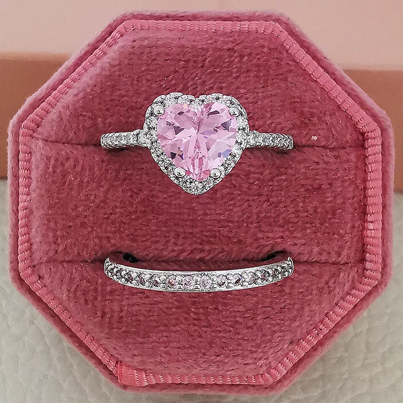 

Silver Color Bride Heart Cut Cubic Zircon Wedding Ring Set for Women Bride Engagement CZ Jewelry Band Eternity Love Gifts Couple