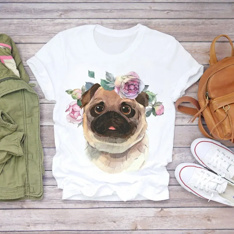 

Summer Pug Flower Women T-shirt Cute Clothing Print Tshirts Tops femme Graphic Short sleeve Kawaii T Shirt Ladies Tee T-Shirt