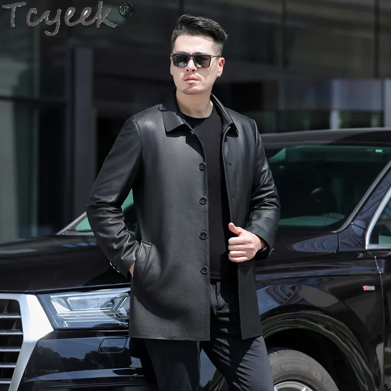 Tcyeek Мужская куртка из натуральной кожи повседневная одежда средней длины пальто