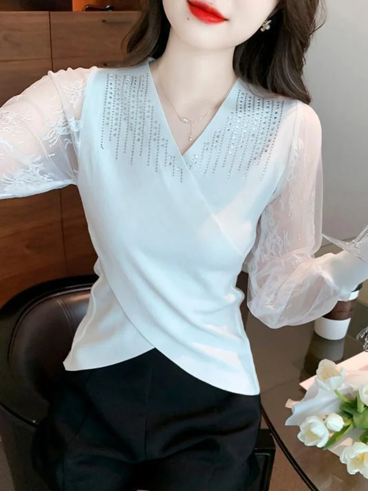Женская кружевная блузка с длинными рукавами элегантная облегающая V-образным