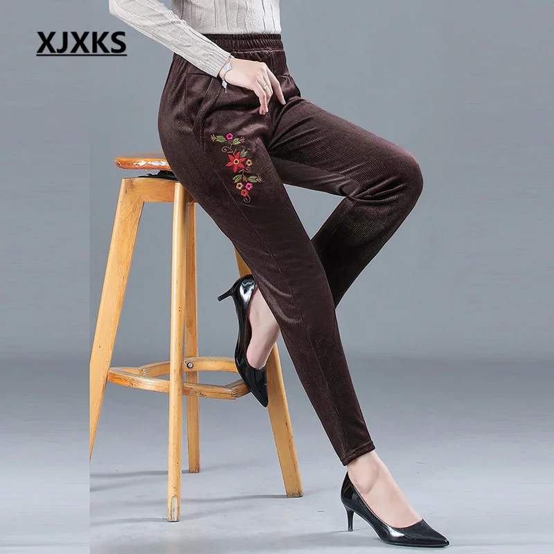 

XJXKS, новинка сезона осень-зима 2022, элегантные женские брюки с вышивкой, теплые и удобные женские брюки с эластичным поясом