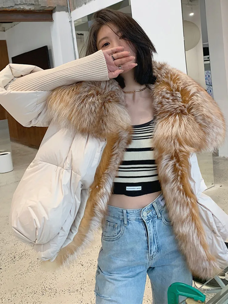 2022 New Autumn 90 Winter Goose Down Jacket Warm Women Coat Oversized Real Fox Fur Collar Thick Luxury Fashion Outerwear