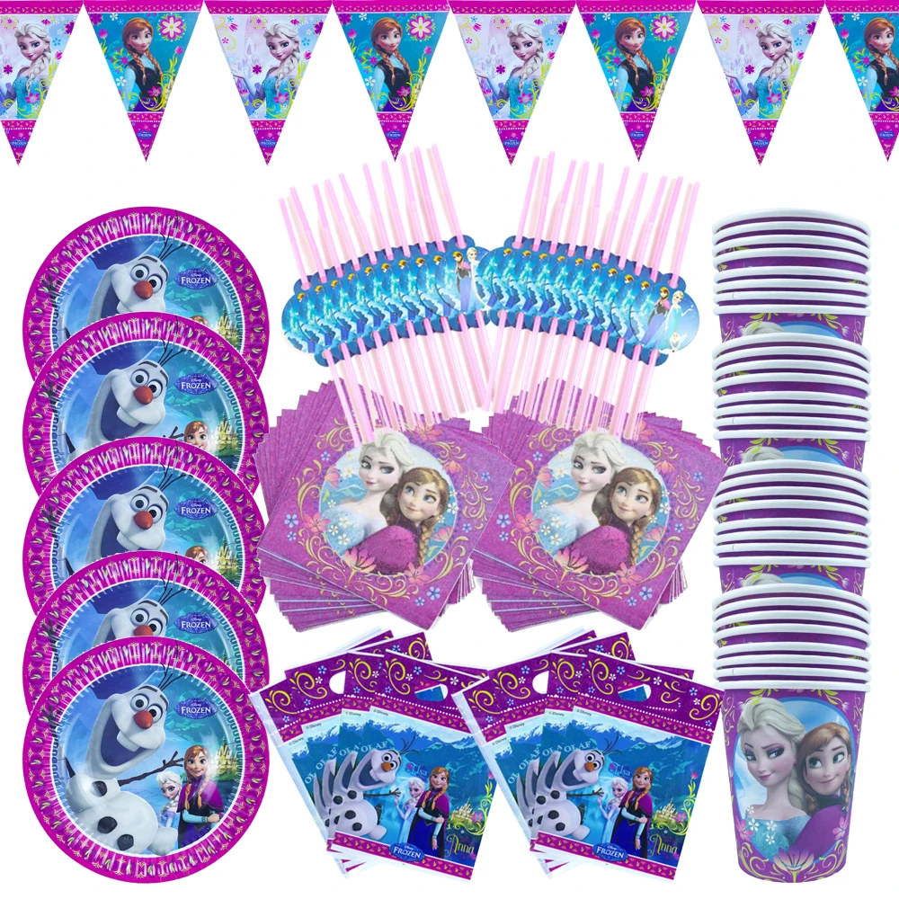 

86Pcs Frozen Theme Party Supplies Set Disposable Tableware Paper Cup Plate Tablecloth Straws Banner Girls Birthday Decoration