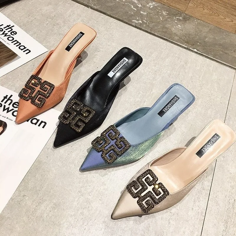 

34 small size high-heeled shoes female summer wear half slipper pointed rhinestones buckle with small bao tou slippers
