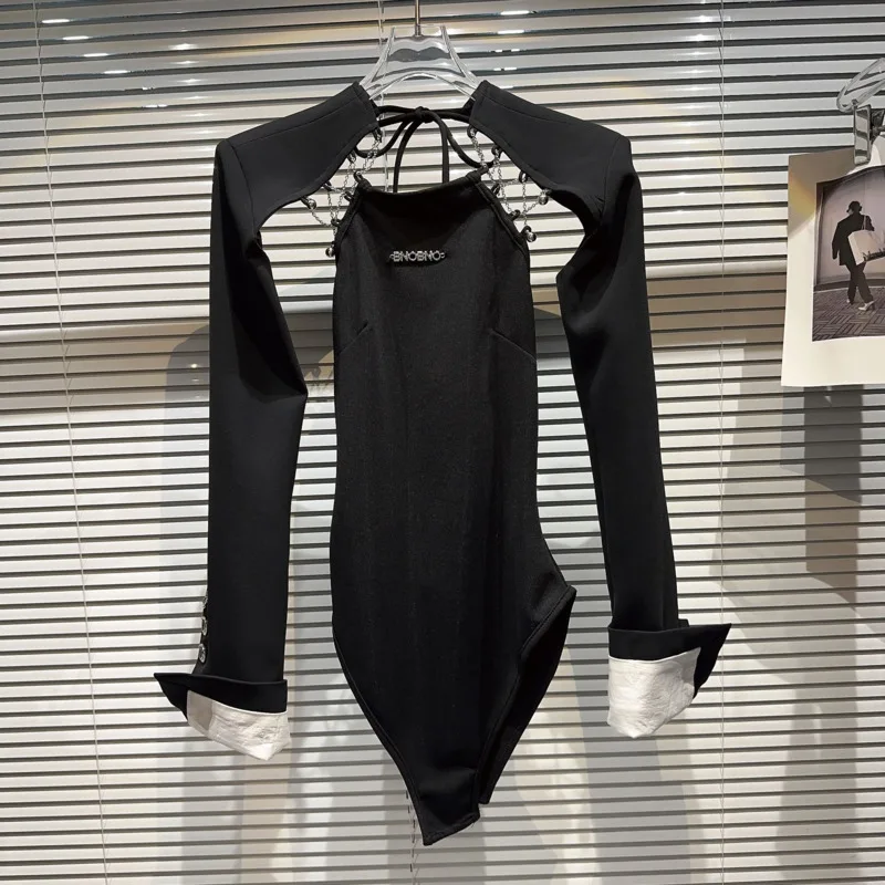

BORVEMAYS 2023 Autumn New Long Sleeve Solid Color Chain Hollow Out Sexy All-match T-shirt Slim Women WZ5401