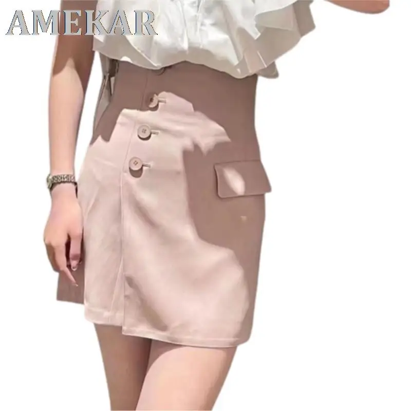 

Japanese High Waist Slim Jupes Female Irregular Button Solid Sexy Chic Skirts Patchwork Culottes Summer Fashion Mujer Faldas