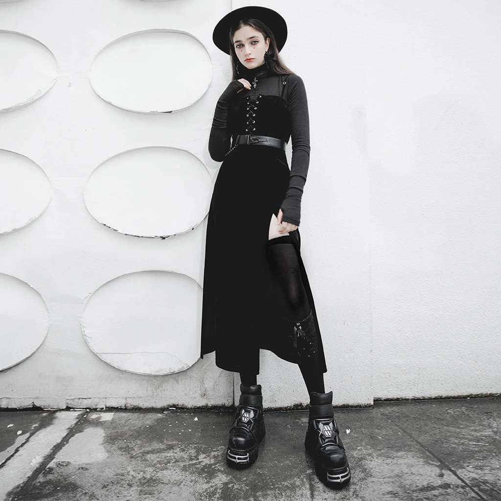 

PUNKRAVE Women's Gothic Series Velvet Suspender Double Long Dress Punk Series Japanese Buttons Warm High Waist Dress