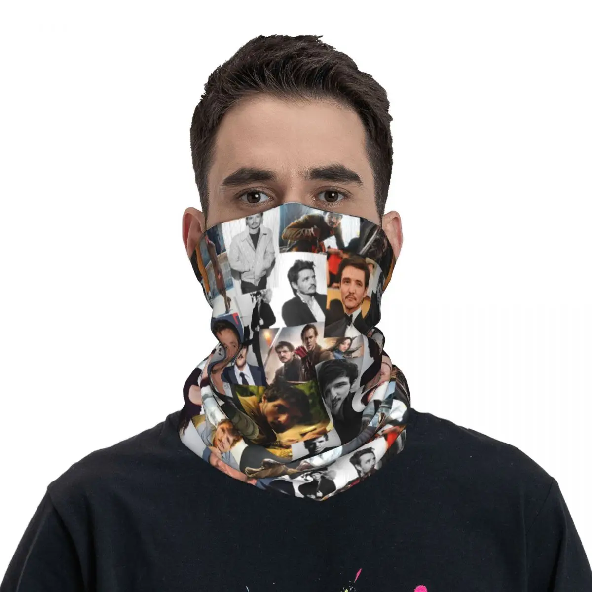 

Pedro Pascal Actor Photos Collage Bandana Neck Cover Printed Mask Scarf Multifunctional Face Mask Outdoor Sports