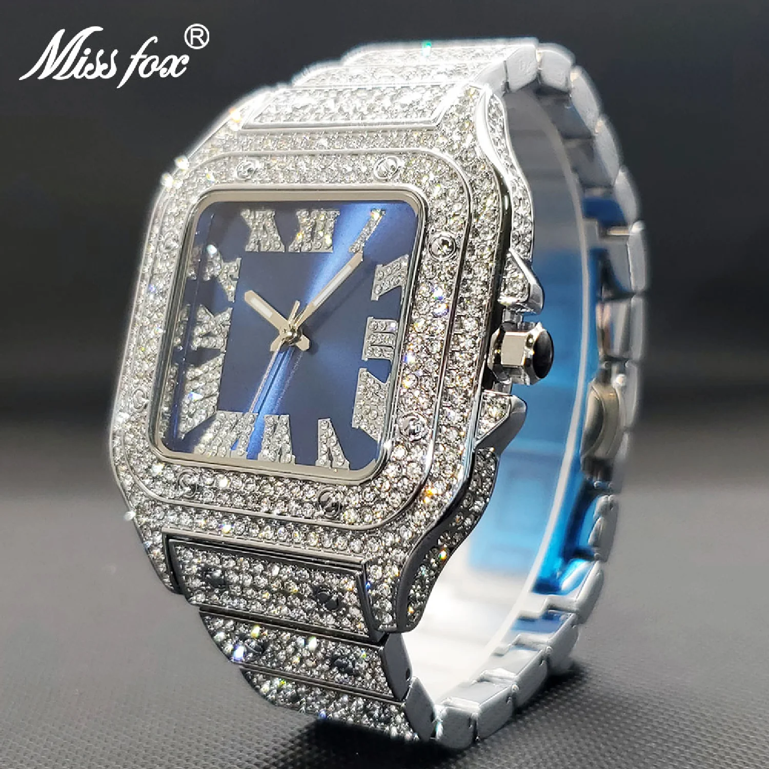 Quartz Watches Luxury Iced Out Moissanite Blue Dial Square Watch For Men Women Party Jewelry Waterproof Unisex Clock Lover Gift
