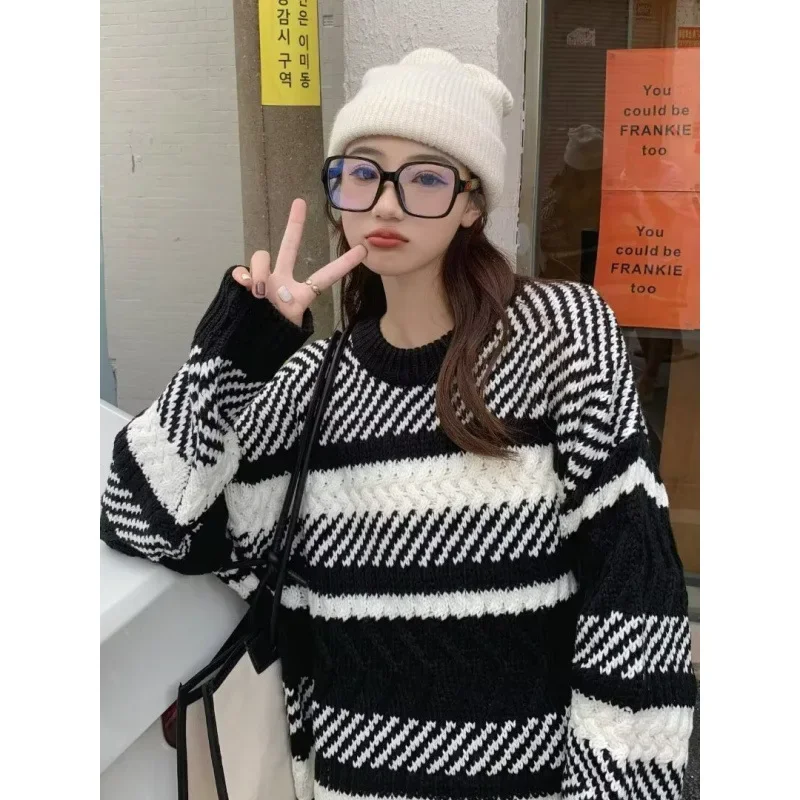 Осень-зима 2023 новый стильный женский полосатый свитер свободный пуловер верхняя