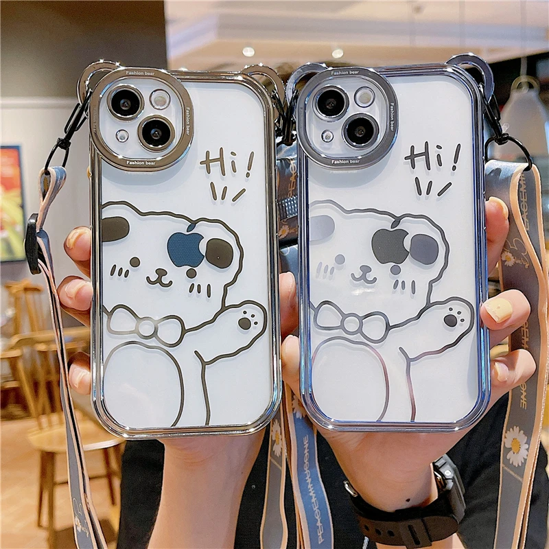 

Korea Cute 3D Hello Bear Ear Crossbody Daisy Lanyard Case For IPhone 11 12 13 14 Pro Max XS 7 8 Plus Luxury Plating Soft Cover