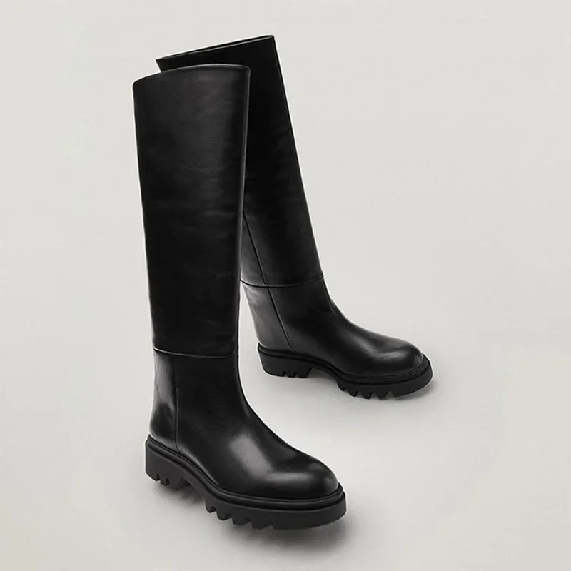 

2023 New Fashion Genuine Leather Women Long Boots Black Cowhide Knee High Boots For Women Spring Platform Slip On Boots Women.