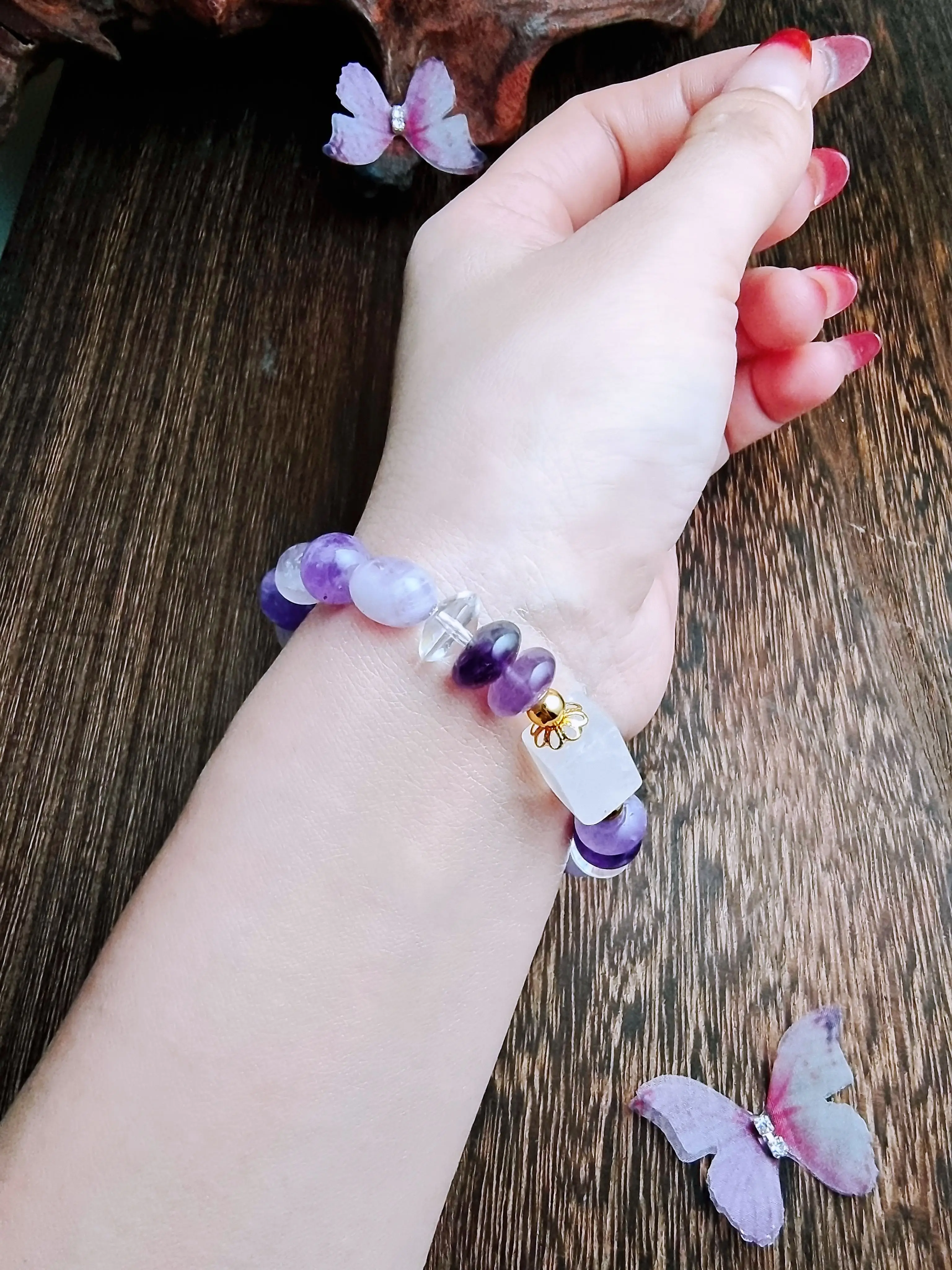Original Design Natural Nine Purple off Fire Lucky Duobao Amethyst Bracelet Pink Square Valentine's Day Gift New