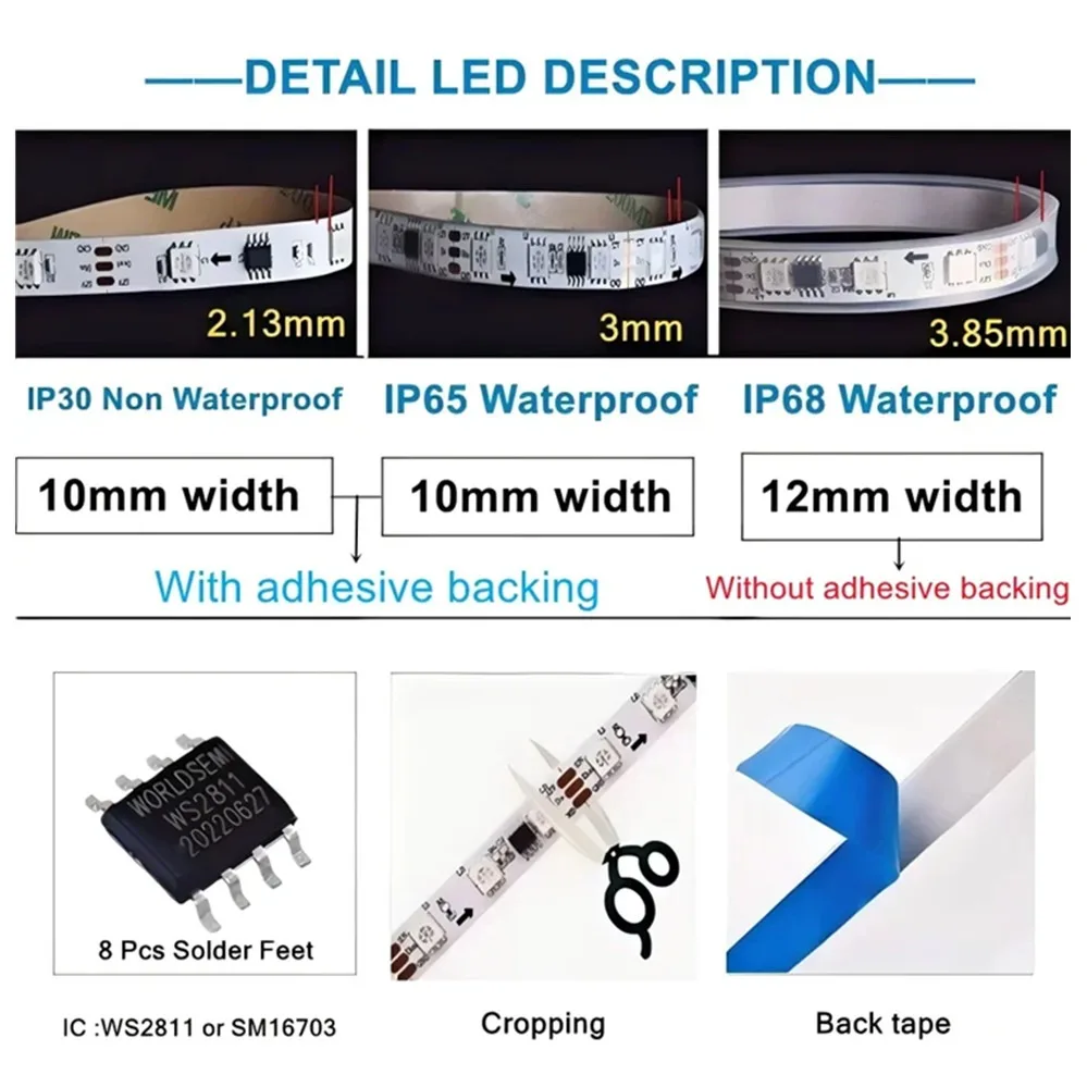 Фото WS2811 Светодиодная лента DC12V 24V 30/60 светодиодов/м Адресная Smart Smart 5050RGB WS2811 Пиксели Светодиодная лампа IP30/65/67 Черная/Белая печатная плата №5