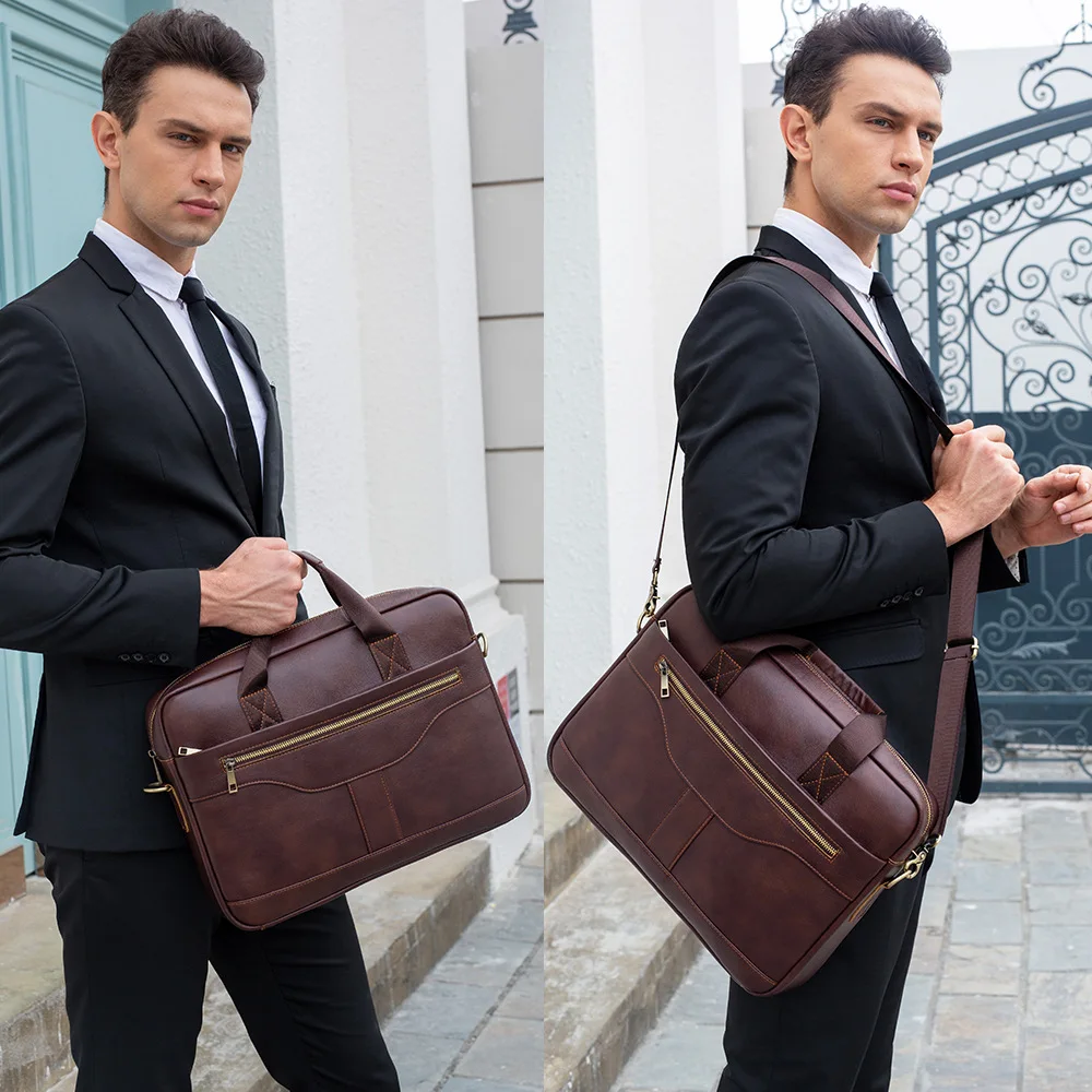2022 Men's Briefcase Men's Business Messenger Bag Vintage Leather Tote Bag Shoulder Bag Office 14 Inch Laptop Bag High Quality