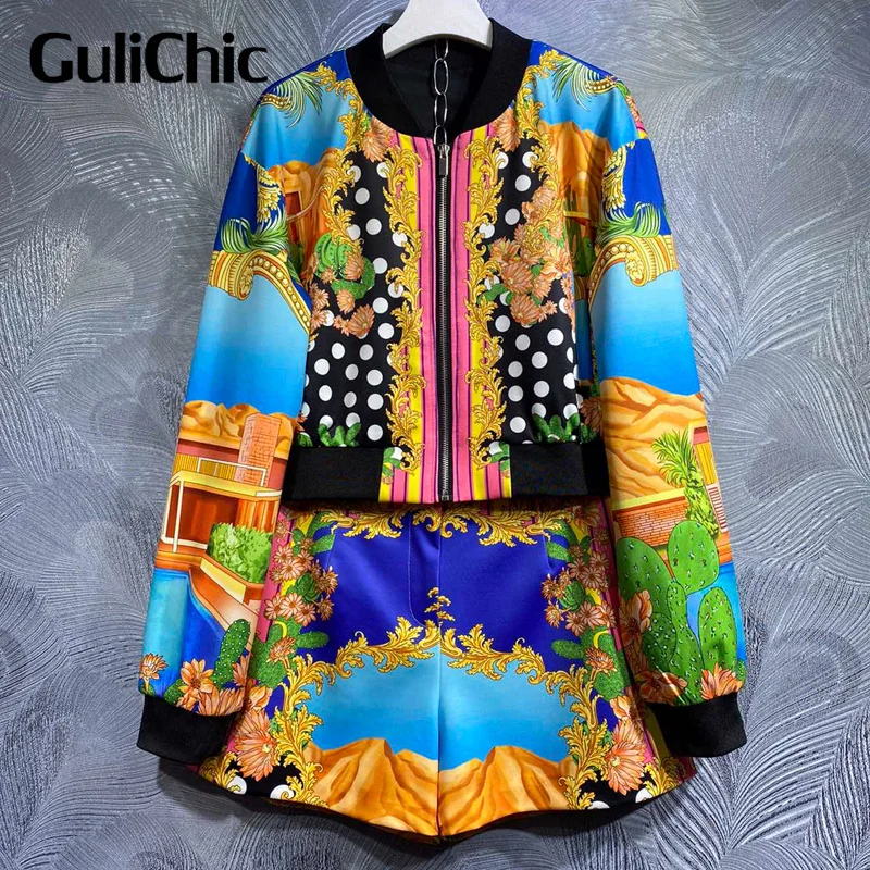 

9.27 GuliChic Runway Fashion Vintage Print Stand Collar Spliced Zipper Jacket And High Waist Shorts Set Women