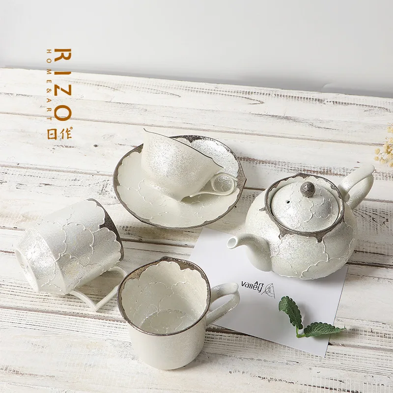 Японская печь Arita Yaku Bunshan Pearl White Glazed Sier Edged P Кофейная чашка Блюдо Чайник Кружка