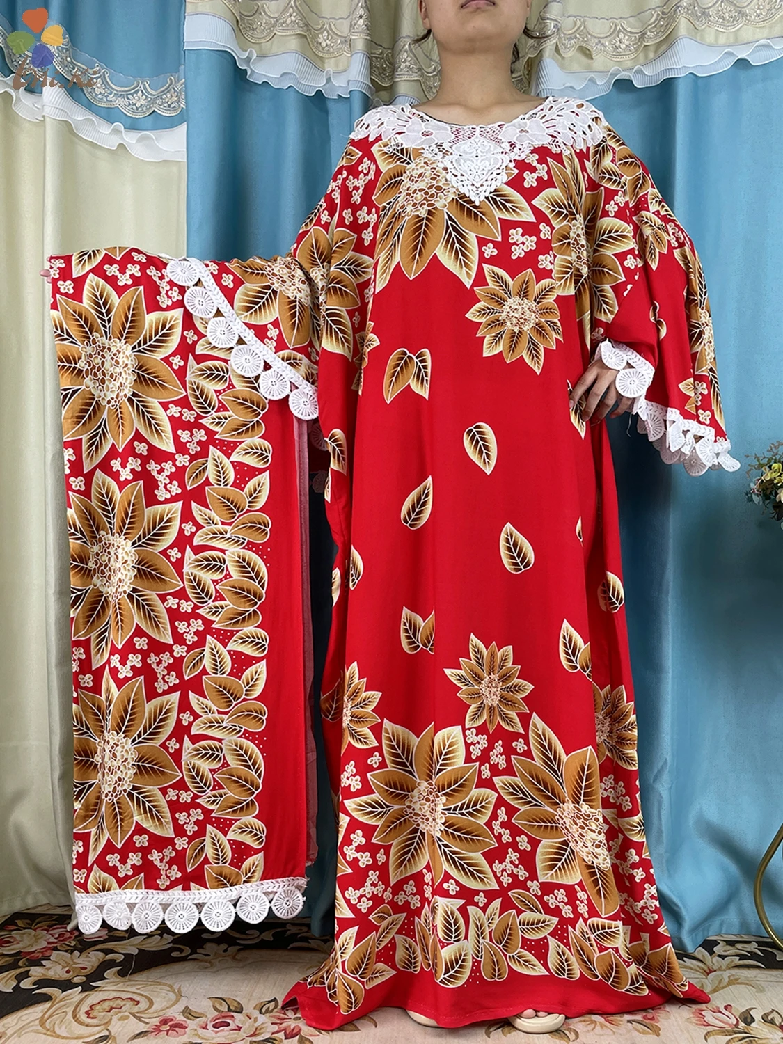 Muslim Dress New African Women Floral Printed Cotton Loose Femme Robe African Tradition Woman Dresses Paired witha Large Scarf