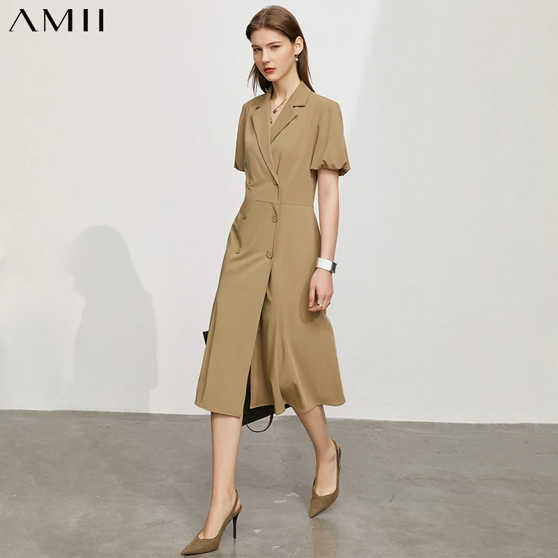 

Amii Minimalism Summer New Women's Suit Dress Offical Lady Solid Vneck Puff Sleeve Aline Fashion Summer Dress For Women 12140178