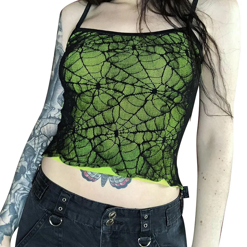 

Sexy Women Spider Web Pattern Lace Patchwork Camis Gothic Punk Girl Sleeveless Square Collar Slim Tank Top Streetwear Crop Top