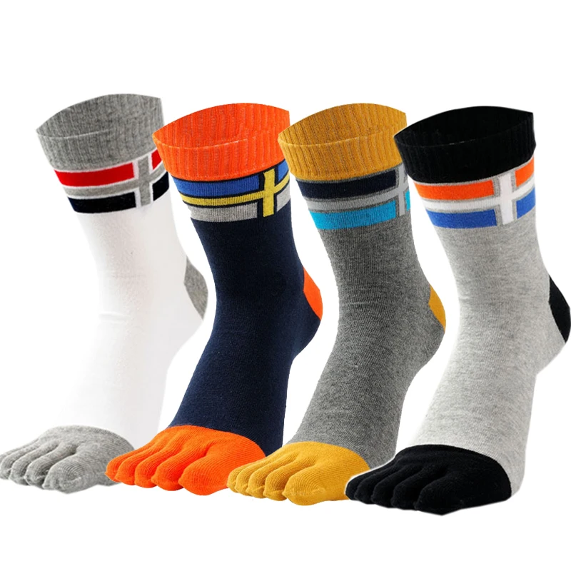 

5 Pairs Men Combed Cotton Socks with Toes Fashion Striped Five Fingers Mid Calf Breathable Business Running Sport Socks Man Gift