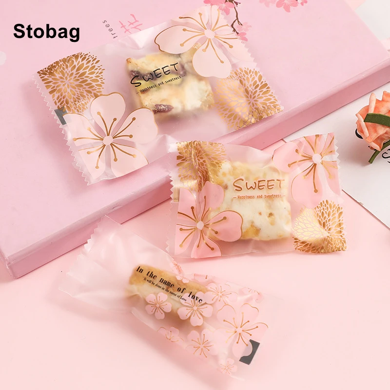

StoBag 100/200pcs Pink Flowers Frosted Cookies Candy Chocolates Packaging Bag Machine Hot Sealed Baking Biscuit DIY Handmade